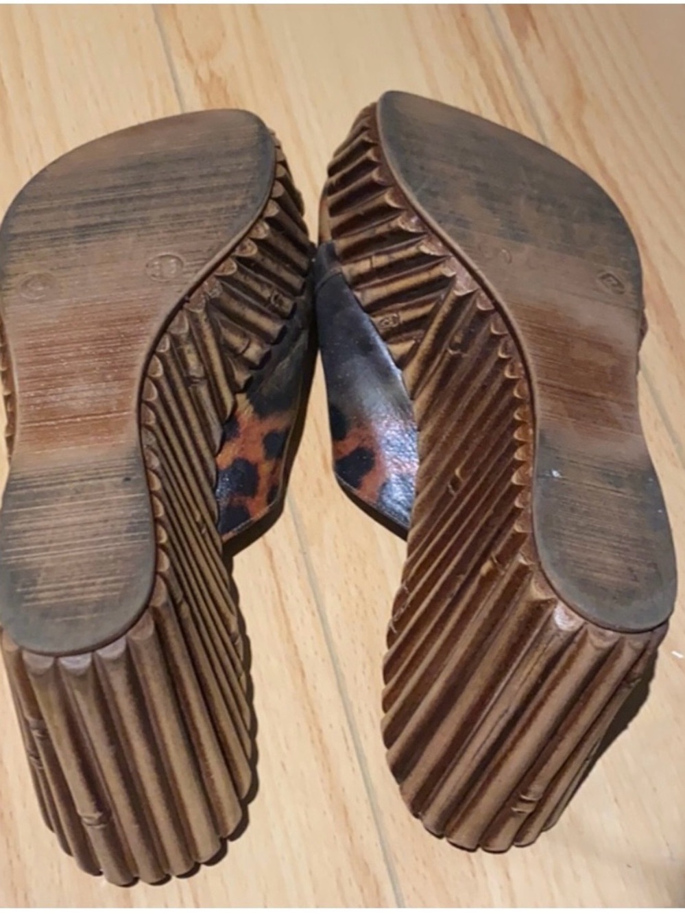 Leopard Print Leather Wedge Sandals with Rhinestone Buckle - Picture 5 of 5